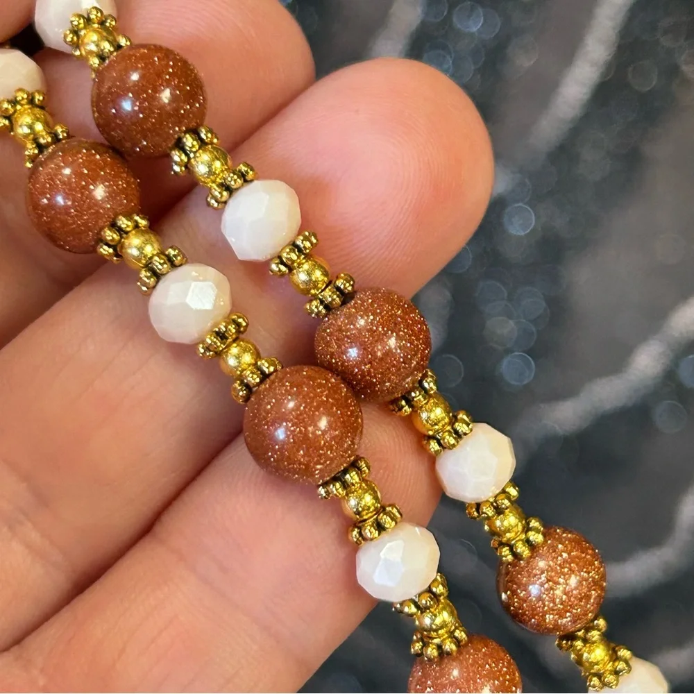 Handcrafted vintage high dome Victorian lady cameo goldstone bead necklace